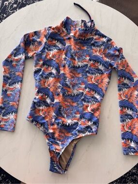 Pura Vida Floral Long Sleeve Zip Front One Piece Swimsuit Blue Orange White M